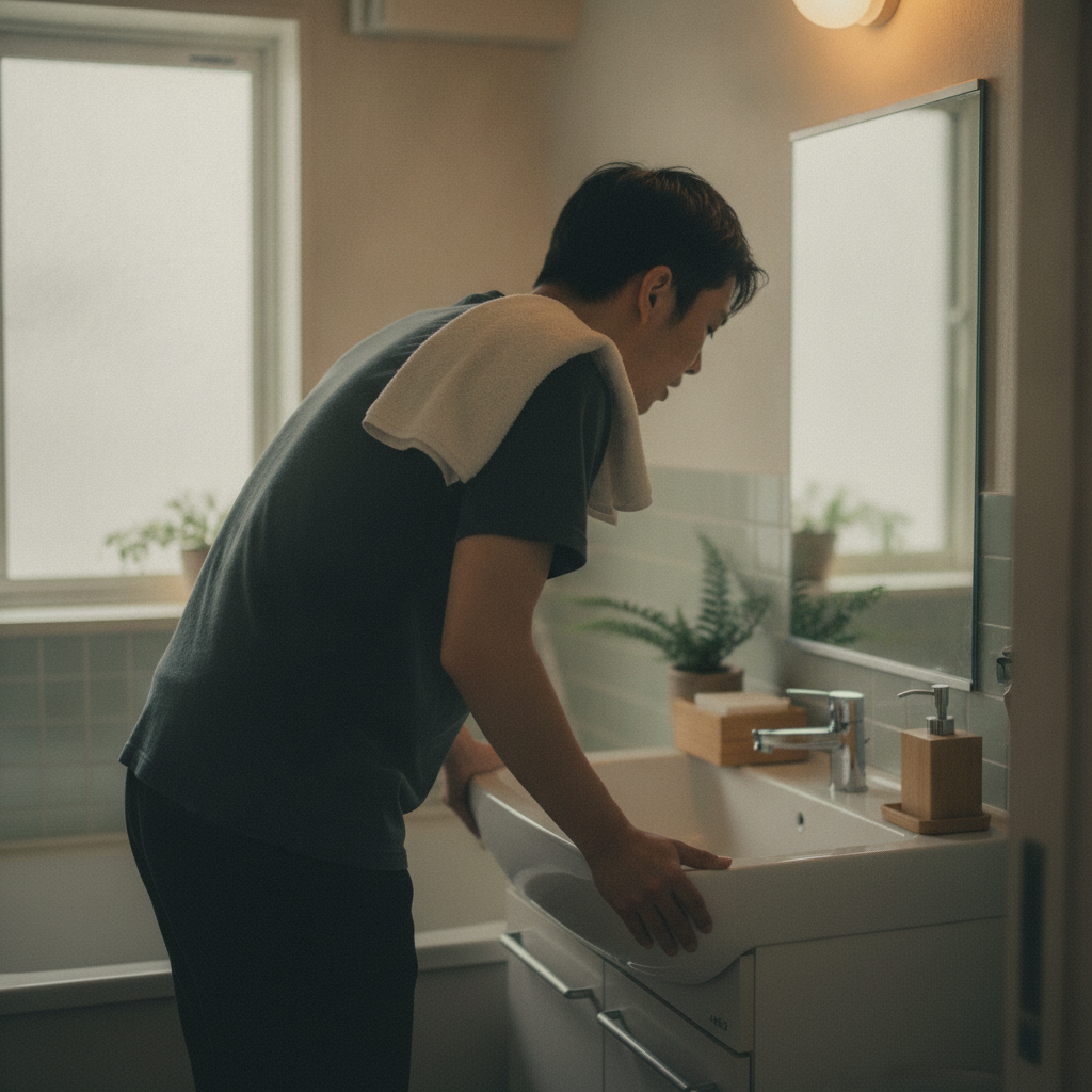 洗面所でうがいをする男性の後ろ姿